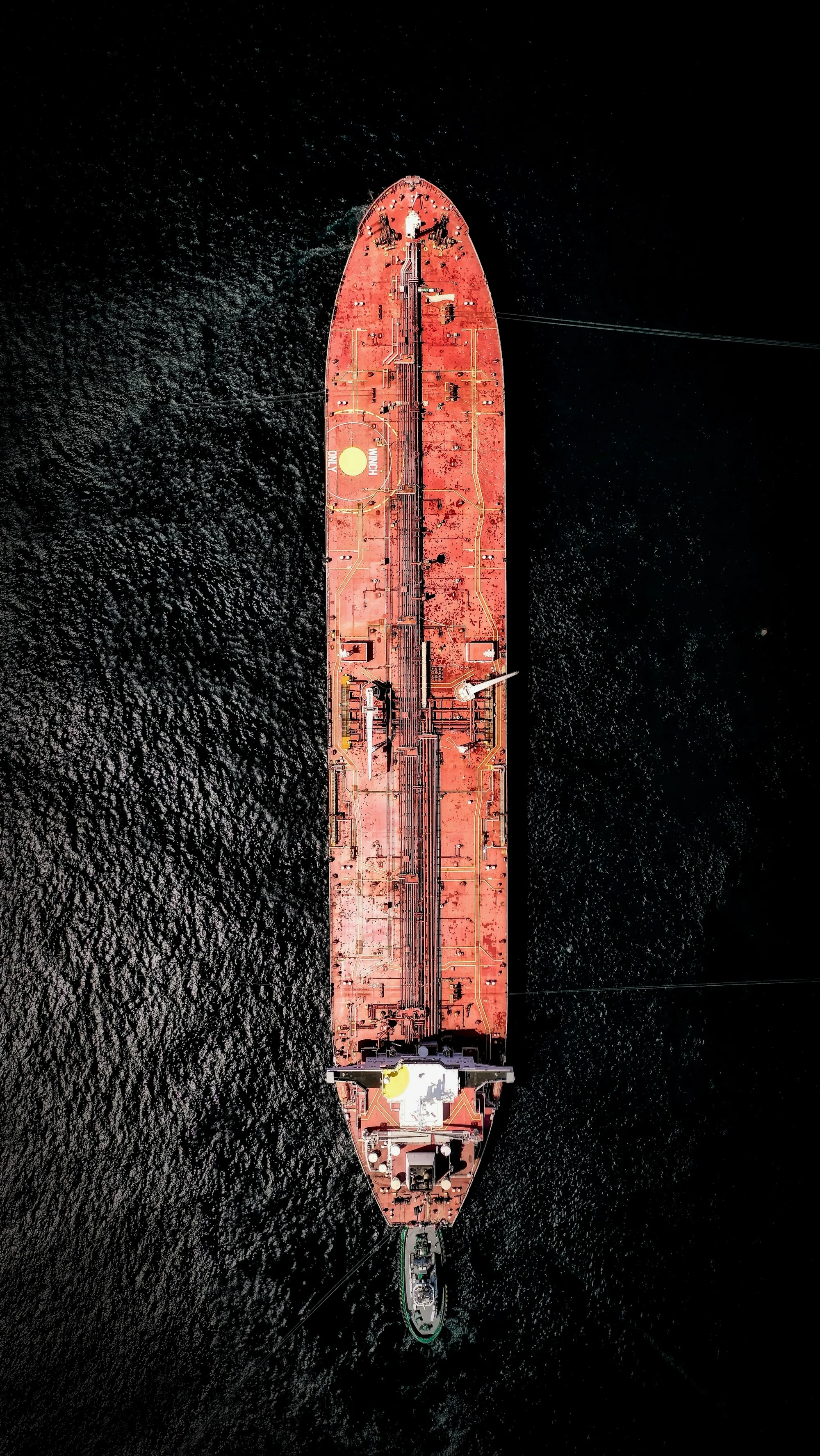Aerial view of a tanker in open water